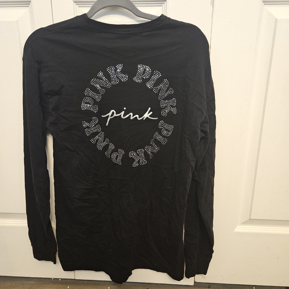 Victoria's Secret PINK Black Long Sleeve Tee with Rhinestone Circle Logo